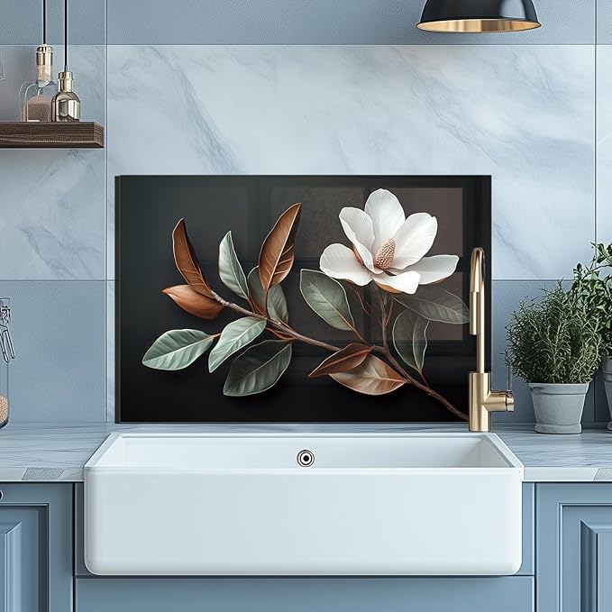 Evgosm Tempered Glass Backsplash for Kitchen，Flowers Stove Splashback, Glass Backsplash, Easy to Install and Clean, Used for Kitchen Wall Protection and Decoration. (30x24'')