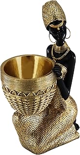 Lescafita Handmade African Tribal Woman Sculpture - Gold Adorned Seated Figure with Basket, Vintage Resin Statue for Home Decor, Unique Housewarming Gift for Shelf/Table (9.65" H)