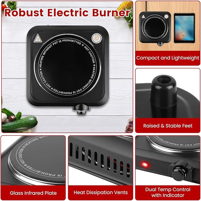 1200W Hot Plate, Electric Infrared Single Burner, Portable Stove Countertop Hotplate with 7.5” Glass Cooktop Stepless Temperature Adjustments for Home RV Camp, Compatible for All Cookwares
