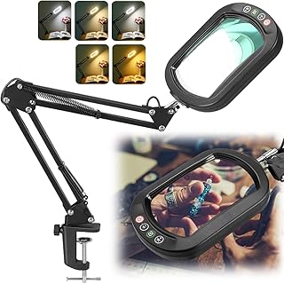 IVMAIE 12X Magnifying Glass with Light, Rectangle Real Glass, 5 Color Modes Stepless Dimmable Magnifier with Stand, LED Lighted Clamp Desk Lamp with Swing Arm, Hands Free for Reading Crafts Close Work
