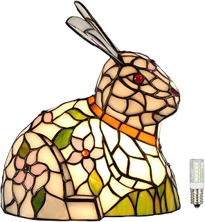 A0012 Tiffany Style Lovely Ratbbit Table Lamp Handmade Stained Glass Animal Night Light, Bunny Accent Table Lamp for Livingroom Bedroom Home Decoration