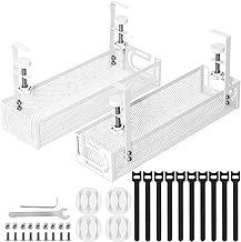 Cable Management, 2 Pack Cable Management Under Desk No Drill, Metal Cord Organizer with Clamp for Standing Desk, Cable Organizer for Home Office, White