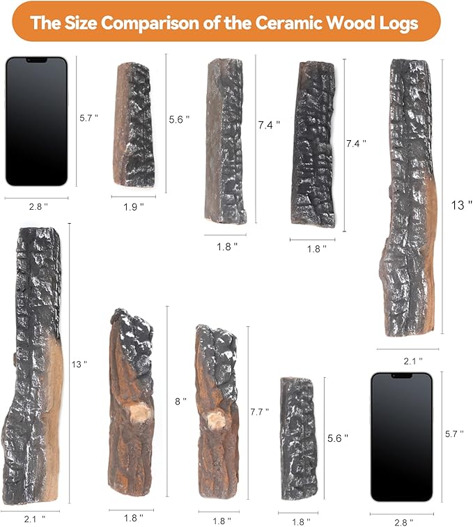 Skyflame 8 Small Piece Set of Ceramic Wood Logs and Accessories for All Types of Indoor Gas Inserts, Ventless & Vent Free, Propane, Gel, Ethanol, Electric or Outdoor Fireplaces & Fire Pits