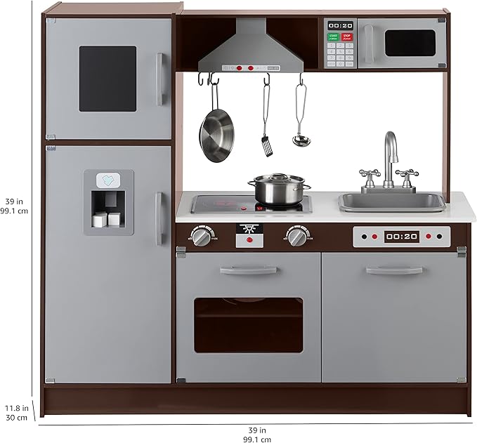 Amazon Basics Kids Upright Wooden Kitchen Toy Playset with Stove, Oven, Sink, Fridge and Accessories, for Toddlers, Preschoolers, Children Age 3+ Years, Espresso/Gray, 39x11.8x39''