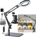 LED Magnifier Desk Lamp with Stand and Clamp, 3 Color Modes & Stepless Dimming 5-Diopter Glass Lens, Adjustable Swivel Arm - Magnifying lamp for Close Work, Repair, Crafts, Reading