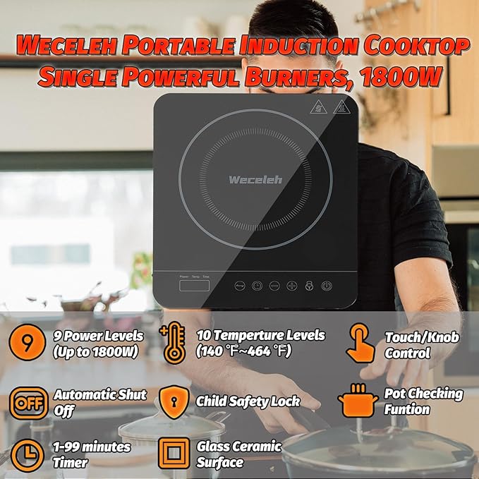 Portable Single Induction Cooktop Hot Plate Countertop Burner Cooker 1 Burner, 1800W, 9 Power Levels, 10 Temp Levels, Timer, Auto-Shut-Off, Touch Panel, LED Display, Child Lock, Black