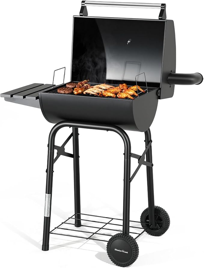 MASTER COOK Barrel Charcoal Grills with Foldable Side Tables, Outdoor Smoke Barbecue bbq grill for Camping, Patio, Backyard Party, Picnic, Garden, Black