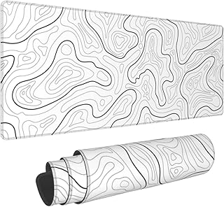Abstract Topographic Map White Grey Black Gaming Mouse Pad Long Mouse Pad Large Desk Mat 31.5 X 11.8 Inch Mousepad with Non-Slip Base Stitched Edge Keyboard Mat for Gaming Office