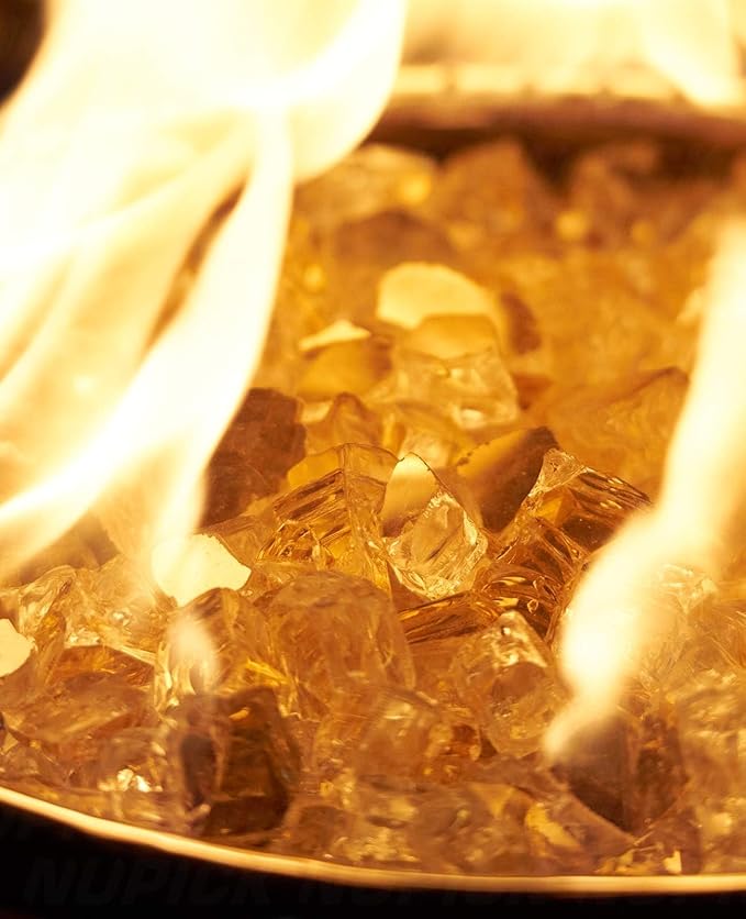 NUPICK 10 Pound Fire Glass for Pit, 1/2 Inch Tempered Reflective Glass for Propane & Gas Fireplace, Gold Rock
