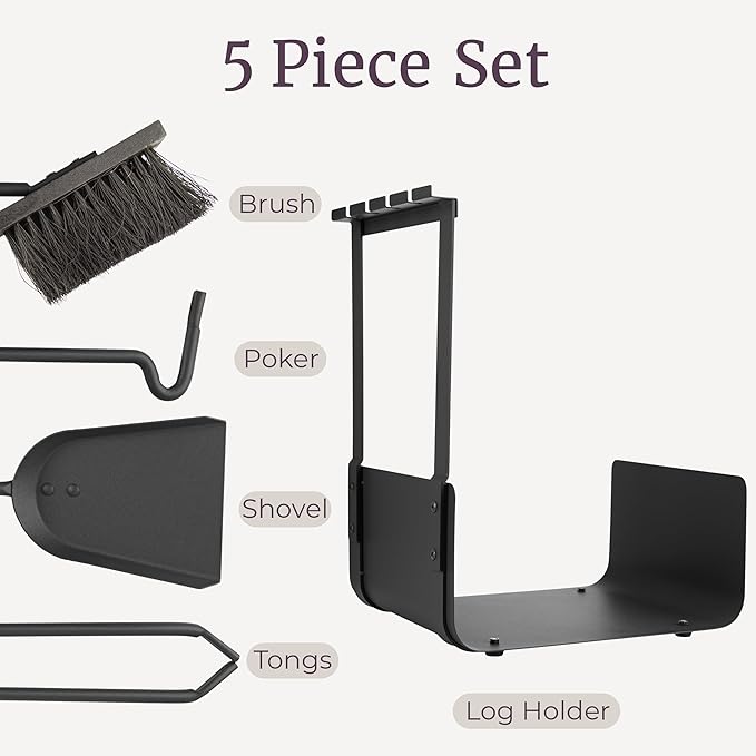 Lavish Home 5 Piece Fireplace Tools Set Indoor Outdoor -Fireplace Accessories Set with Poker, Brush, Shovel, and Firewood Rack Stand - Fire Tools for Fire Places, Firepits, and Woodstoves (Black)