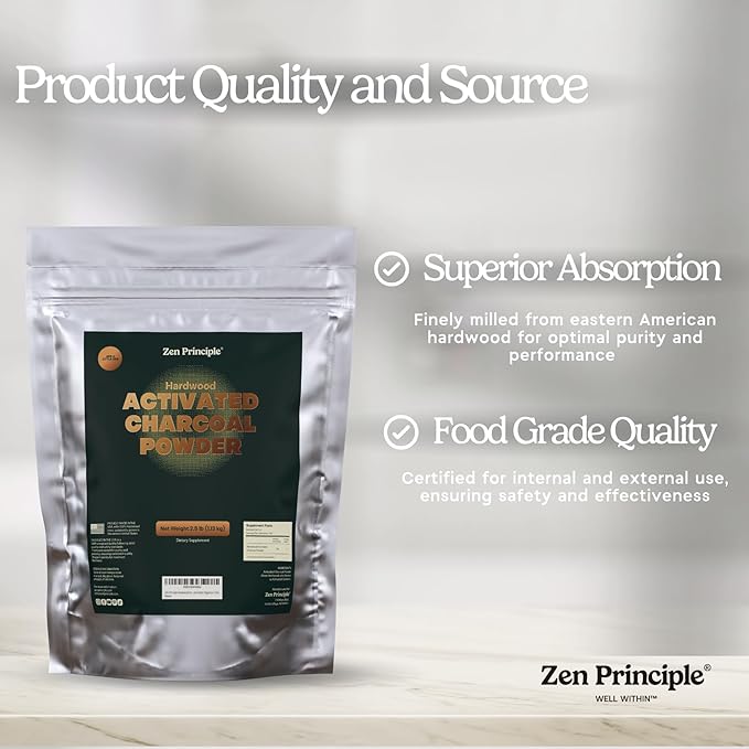 Zen Principle Hardwood Activated Charcoal Powder 100 Percent from USA Trees. All Natural. Whitens Teeth, Rejuvenates Skin and Hair, Supports Better Digestion, 8 oz.