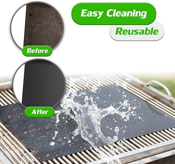 Renook Grill Mat Set of 6-100% Non-Stick Reusable Mats for Gas, Charcoal or Electric Grills - Easy to Clean - 23 x 16.5-Inch, Black