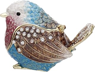 Hand Painted Enamel Robin Bird Trinket Box for Home Decor, Hinged Jewelry Organizer for Ring Earrings, Unique Figurine Keepsake Collectible Personalized Elegant Handmade Ornament Gifts (Blue Sparrow)