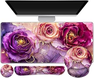 Gaming Mouse Pad, Large Desk Mat, Cute Desk Pad Protector, 4in1 XXL Mousepad + Keyboard Wrist Rest+Mouse Wrist Rest+Coaster Set with Ergonomic Desk Pad for Home Office PC, Marble Rose Purple Flowers