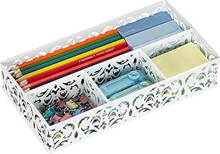 EasyPAG Desk Drawer Organizer with 4 Compartments, Carved Hollow Floral Metal Tray for Office, Jewelry, Cosmetics - No Assembly, White