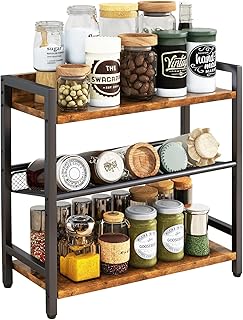 IBUYKE 3-Tier Spice Rack Industrial Counter Shelf Desktop Storage Organizer Standing Seasoning Rack for Countertop Kitchen Office Living Room Desktop Rustic Brown UTLJ021H