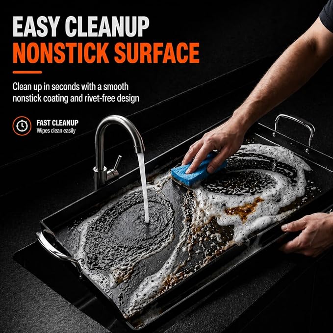 Cast Iron Griddle for Gas Grill & Stove Top, 25" x 16" Flat Top Grill Griddle Plate, Heavy Duty Outdoor BBQ Griddle with Grease Drain for Camping & Tailgating