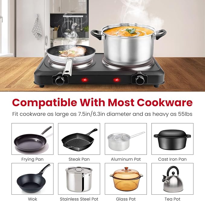 Infrared Double Burner, 2000W Electric Hot Plate, Portable Heating Cooking Stove, Countertop Burner with 7.5” & 6.3” Glass Plate Electric Cooktop with Stepless Temperature Adjustments
