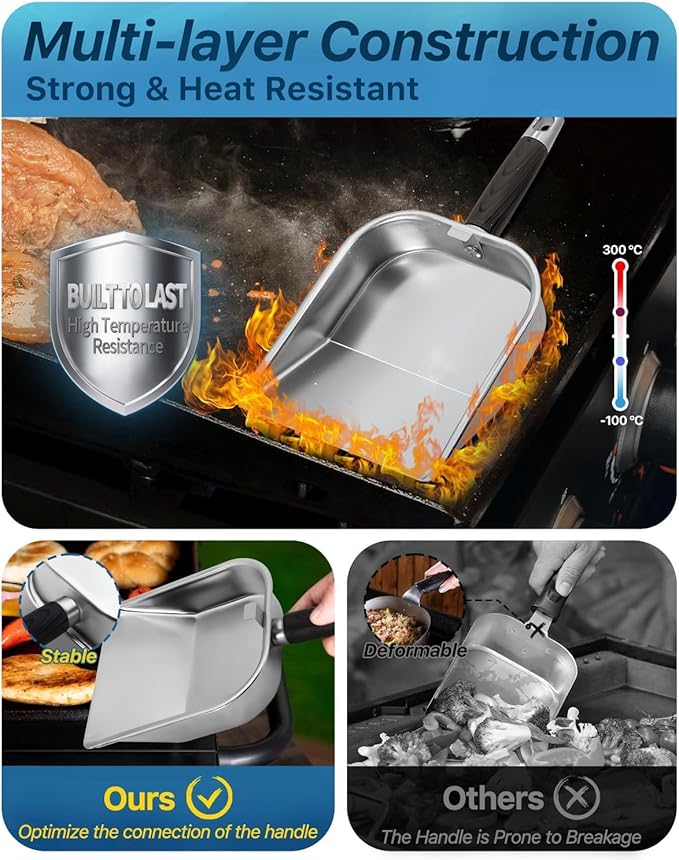 Griddle Scoop for Blackstone with a Any-Edge Hook, Stainless Steel Griddle Portable Food Mover for Stir Fry and Move Food, Classic Grill Shovel, 2 Pack