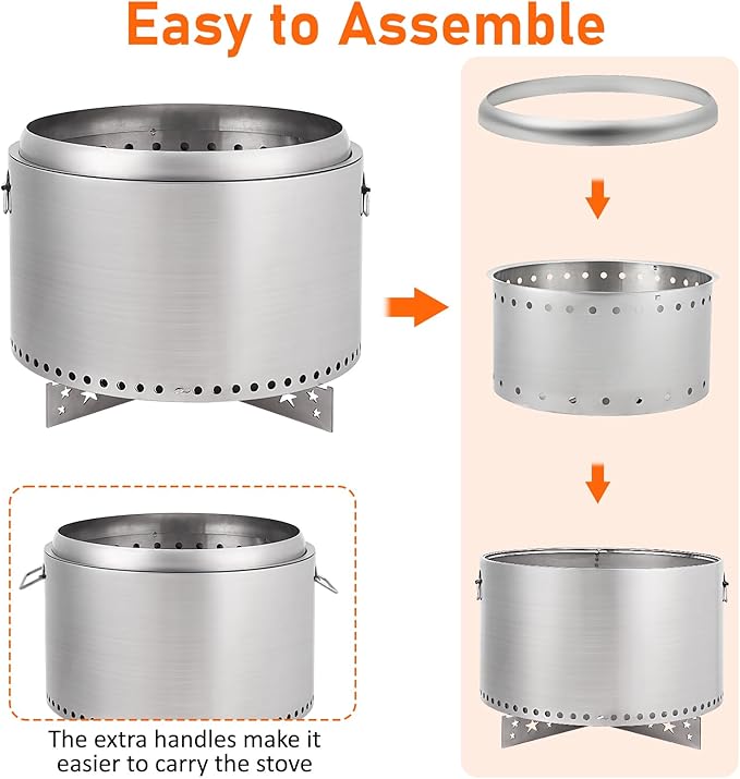 GarveeLife 20.5 in Portable Smokeless Fire Pit with Stand, Handles Design, Stainless Steel Stove Wood Burning, Removable Ash Pan, for Camping, Garden, Backyard