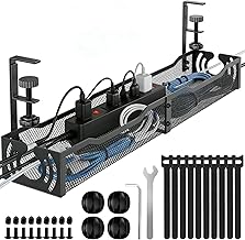 Cable Management, 25.3'' Under Desk Cable Management Tray No Drill, Metal Cable Organizer with Clamp for Wire Management, Cord Organizer for Home Office, Desk Accessories Organizer, Black