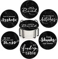 Coasters for Drinks Set of 6, Black Marble with Funny Quotes Sayings Absorbent Round Ceramic Stone Mat, with Cork Base and Metal Holder, Gift for Housewarming Room Bar Decor