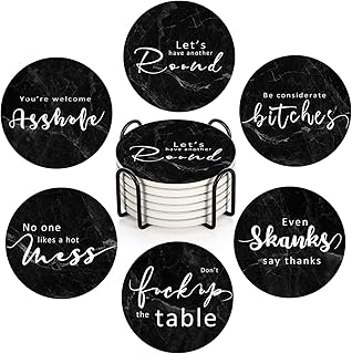 Coasters for Drinks Set of 6, Black Marble with Funny Quotes Sayings Absorbent Round Ceramic Stone Mat, with Cork Base and Metal Holder, Gift for Housewarming Room Bar Decor