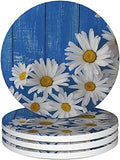 Blue Daisy Wood Round 4" Cup Coasters Set of 4, Absorbent Ceramic Stone Coasters with Cork Base, Ideal Home Decor Gifts for Women Men