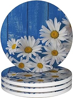 Blue Daisy Wood Round 4" Cup Coasters Set of 4, Absorbent Ceramic Stone Coasters with Cork Base, Ideal Home Decor Gifts for Women Men