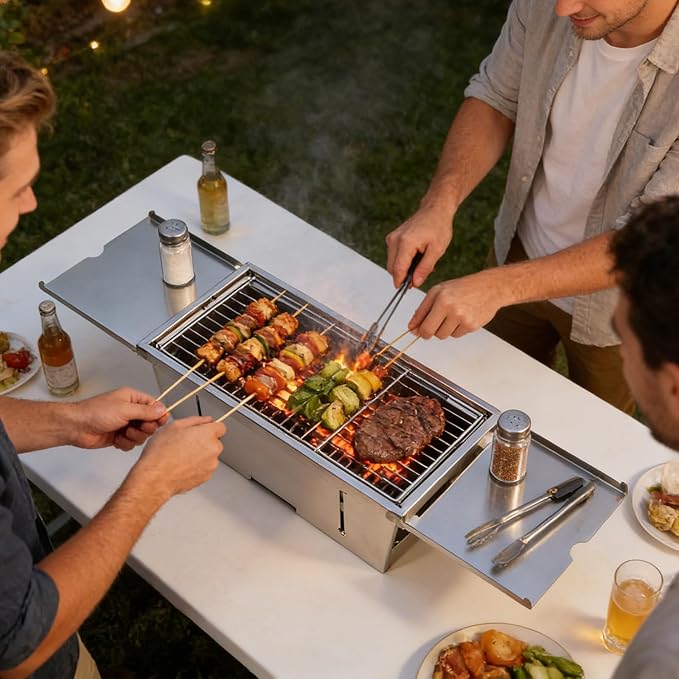 Uten Charcoal Grill, Stainless Steel Folding Portable Grill with Foldable Condiment Plates, Lightweight & Heat Resistant, Smoker BBQ for Camping, Tailgating, Picnics, Beach Barbecues(17.3" x 8.7")