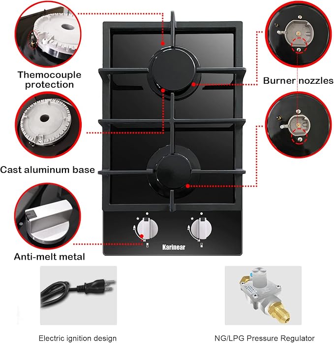 Karinear Gas Cooktop 2 Burner Propane Cooktop, 12 Inch LPG/NG Dual Fuel Gas Stove Top, Built-in Tempered Glass Gas Cooktop for Apartment, Indoor, RV