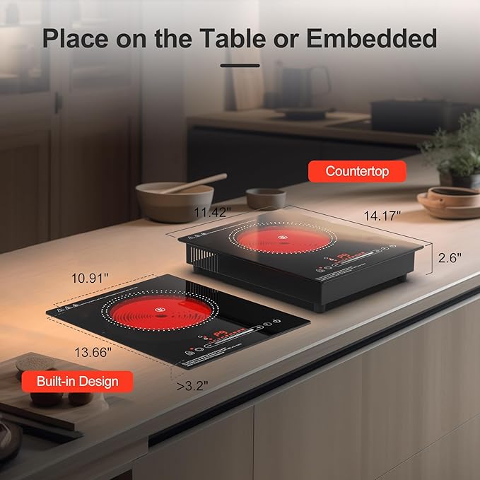 1800W Electric Cooktop Single Burner, 110V Electric Stove with LED Touch Control, 10 Power Levels, Child Safety Lock, Timer & Overheat Protection.