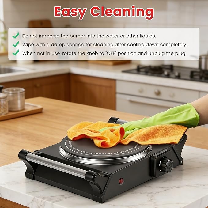 1000W Electric Single Burner, Silicon Crystal Glass Hot Plate Cooktop with 5 Temperature Stepless Adjustments Portable Handles for RV/Home/Camp (Single Burner)