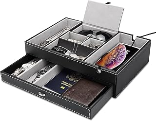 Baoyun Valet Tray for Men, 2 Layers Nightstand Organizers for Men and Women, Leather Jewelry Storage Box, Mens Dresser Top Organizer, Catch All for Jewelry Key Wallet and Phone (Black)
