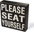 Farmhouse Funny Bathroom Signs Decor, Classic Wooden Box Sign 6" Square, Black/White Please Seat Yourself