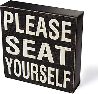 Farmhouse Funny Bathroom Signs Decor, Classic Wooden Box Sign 6" Square, Black/White Please Seat Yourself
