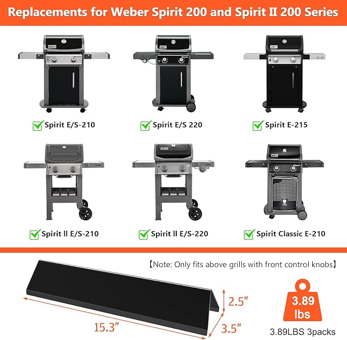 QuliMetal Grill Parts for Weber Spirit 200, 15.3" Flavorizer Bars for Weber Spirit II E-210 Grills with Front-Mounted Control, Porcelain-Enameled Replacement Parts for Weber GS4 Spirit 7635 67045