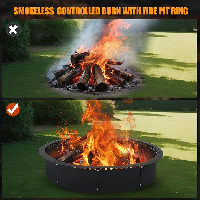 Smokeless Fire Pit Ring for Outside, 40 Inch Heavy Duty Metal Insert with Air Vents for Better Burn, Outdoor Firepit Ring for Backyard, Patio, Camping, Smokeless Wood Burning Use