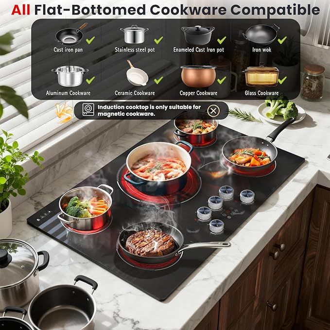 Electric Cooktop 36 Inch Karienvir, 5 Burner 9200W Electric Stove Top with Dual-Ring & Triple-Ring Burners, 220V-240V Hardwired Cooktop, 36" Cook top With Knob Control 9 Level Power, Timer, Lock