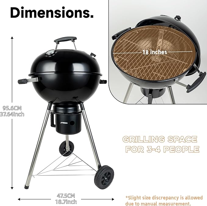 Charcoal Grills 18 inches Kettle Grill with Lid&Large Ash Collector,Outdoor Barbecue Grill for Camping/Garden/Party/Poolside