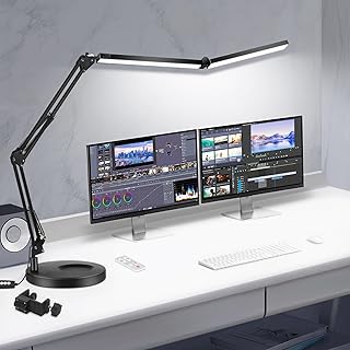 Toolour LED Desk Lamps for Home Office 2 in 1 Double Head Desk Lamp with Clamp Base,Remote Control,Dimmable Architect Clip on Desktop Computer Light Bar with Memory for Workbench Darkroom