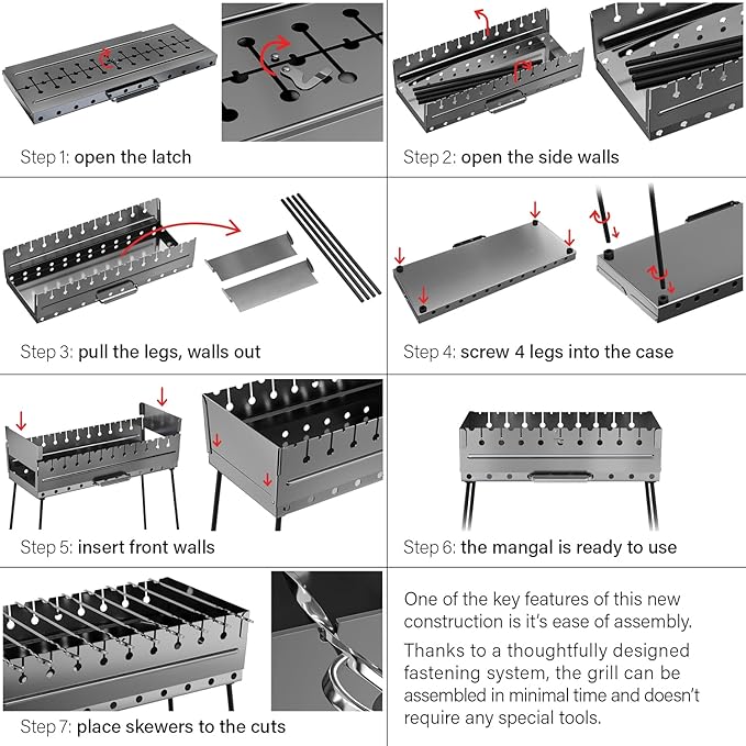 Stainless Steel Charcoal Grill for 12 Skewers – Portable BBQ 24.80"×9.45"×24.80" – Foldable Kabob Mangal – Heavy-Duty Rustproof Grill for Outdoor (Skewers Not Included)