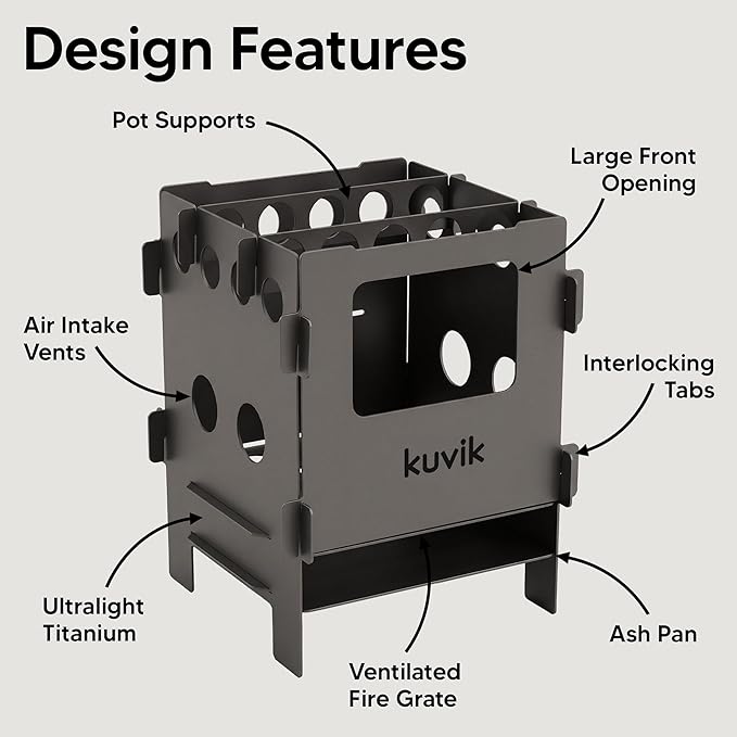 Kuvik Compact Titanium Wood Stove - Ultralight and Compact Stove for Backpacking, Camping, and Survival
