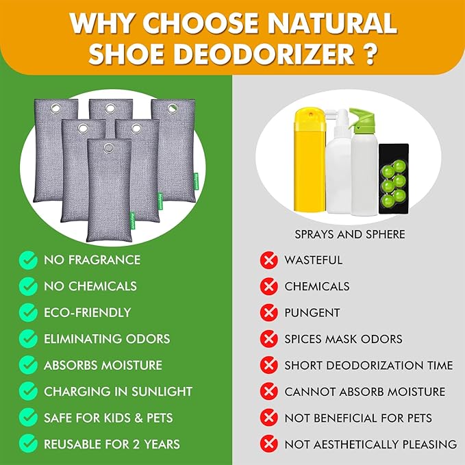 Activated Charcoal Odor Absorber for Strong Odor, Basement, Cars, Closets, Smoke, Home. 6 Pack Bamboo Charcoal Air Purifying Bags Deodorizer Odor Eliminator for Shoes