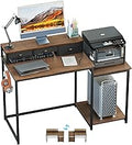 SINPAID 47 inch Computer Desk with Printer Shelf, Gaming Desk with Monitor Stand and Drawers, Reversible Home Office Desk with Storage Shelves and 2 Hooks, Home Workstation for Study Writing, Walnut