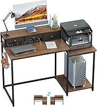 SINPAID 47 inch Computer Desk with Printer Shelf, Gaming Desk with Monitor Stand and Drawers, Reversible Home Office Desk with Storage Shelves and 2 Hooks, Home Workstation for Study Writing, Walnut