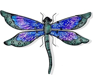 HONGLAND Metal Dragonfly Decor, Dragonfly Outdoor Wall Decor, Metal Wall Art, Wall Sculptures Gifts Hanging Decorations for Garden Yard Home-Blue 14 Inch