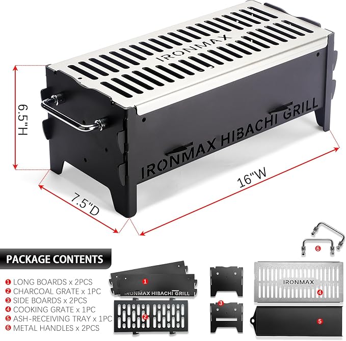 IRONMAX Portable Folding Hibachi Grill, Heavy Duty Charcoal & Wood-Burning Campfire Grill for Outdoor Cooking, Camping Yakitori, Patio & Backyard - 16" x 7.5" x 6.5"