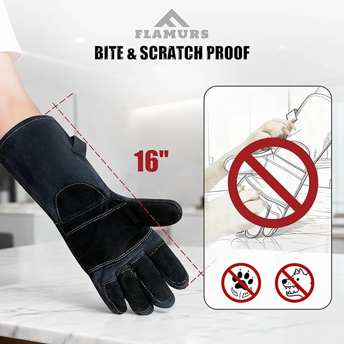 16-Inch Leather Firewood Gloves - Double Layer Full Lining with Fireproof Thread Stitching - for Smokeless Fire Pit Outdoor Cooking, Welding, Bite & Scratch Proof Against Pets - Black, G0301