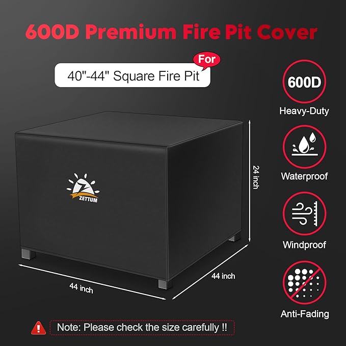 Zettum Fire Pit Cover Square 44 Inch - Outdoor Firepit Cover Heavy Duty & Waterproof, 600D Patio Fire Table Cover Gas Fire Pit Accessories Fade & Weather Resistant - 44 x 44 x 24 Inch